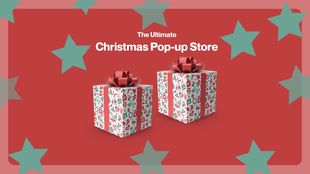 Christmas pop up store with two 3D gift cases in a red background with green stars